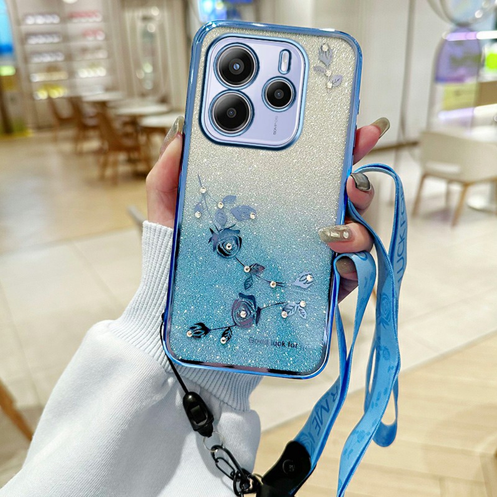 KADEM For Xiaomi Redmi Note 14 4G (164.84mm) Case Flower Pattern TPU Gradient Phone Cover with Lanyards - Blue