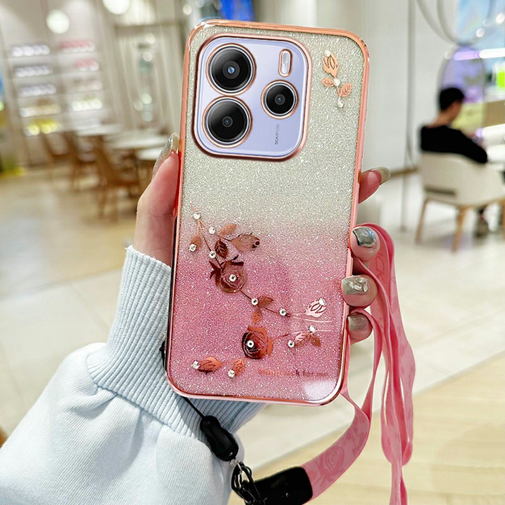 KADEM For Xiaomi Redmi Note 14 4G (164.84mm) Case Flower Pattern TPU Gradient Phone Cover with Lanyards - Rose Gold