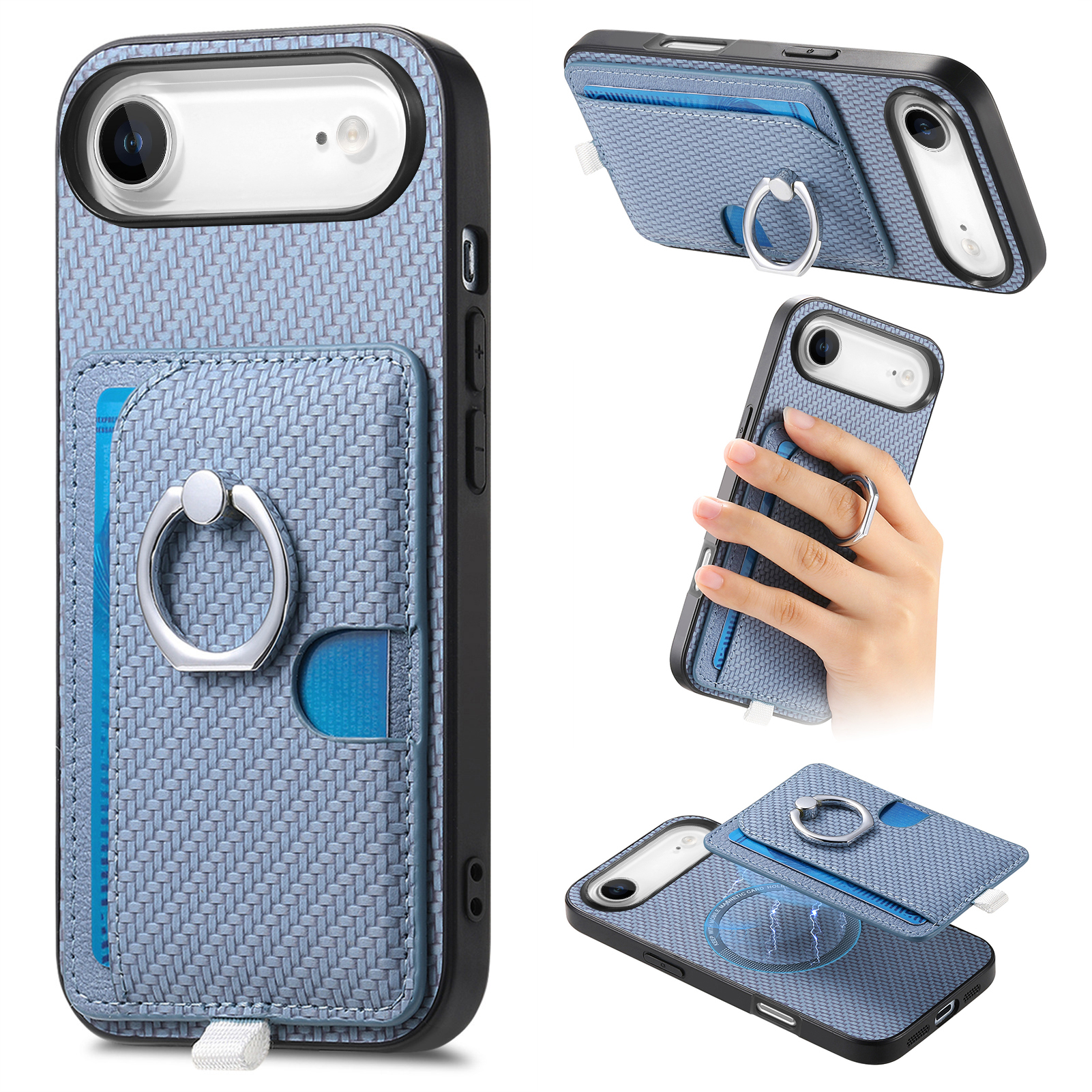 For iPhone Air Case Ring Kickstand Leather Back Cover with Magnetic Detachable Card Holder - Blue