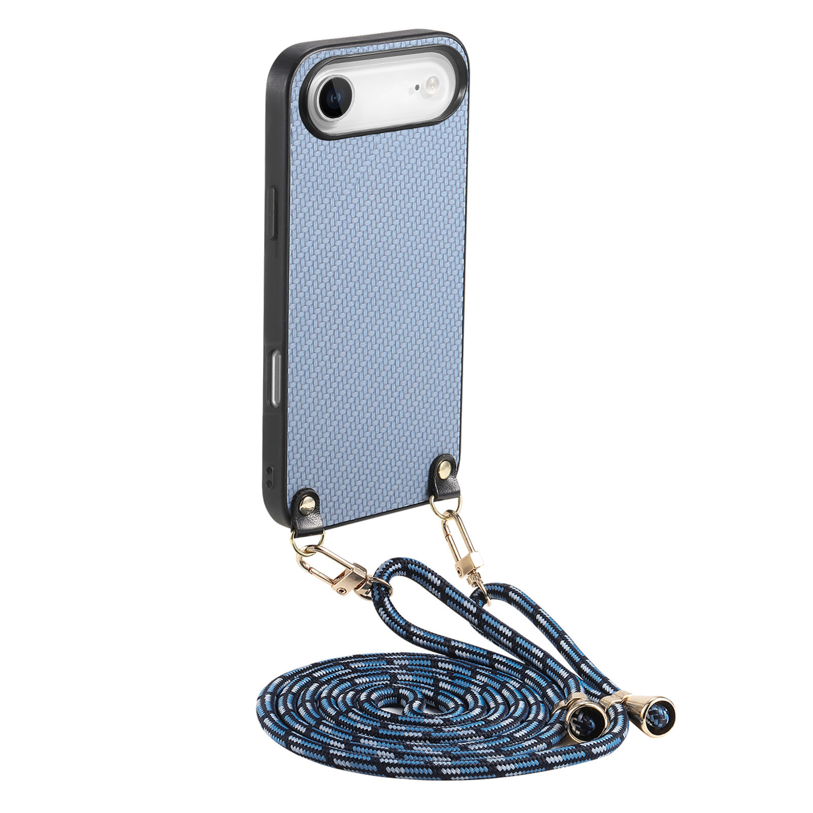 For iPhone Air Case Carbon Fiber Texture PU + PC + TPU Anti Drop Phone Cover with Crossbody Lanyard - Blue