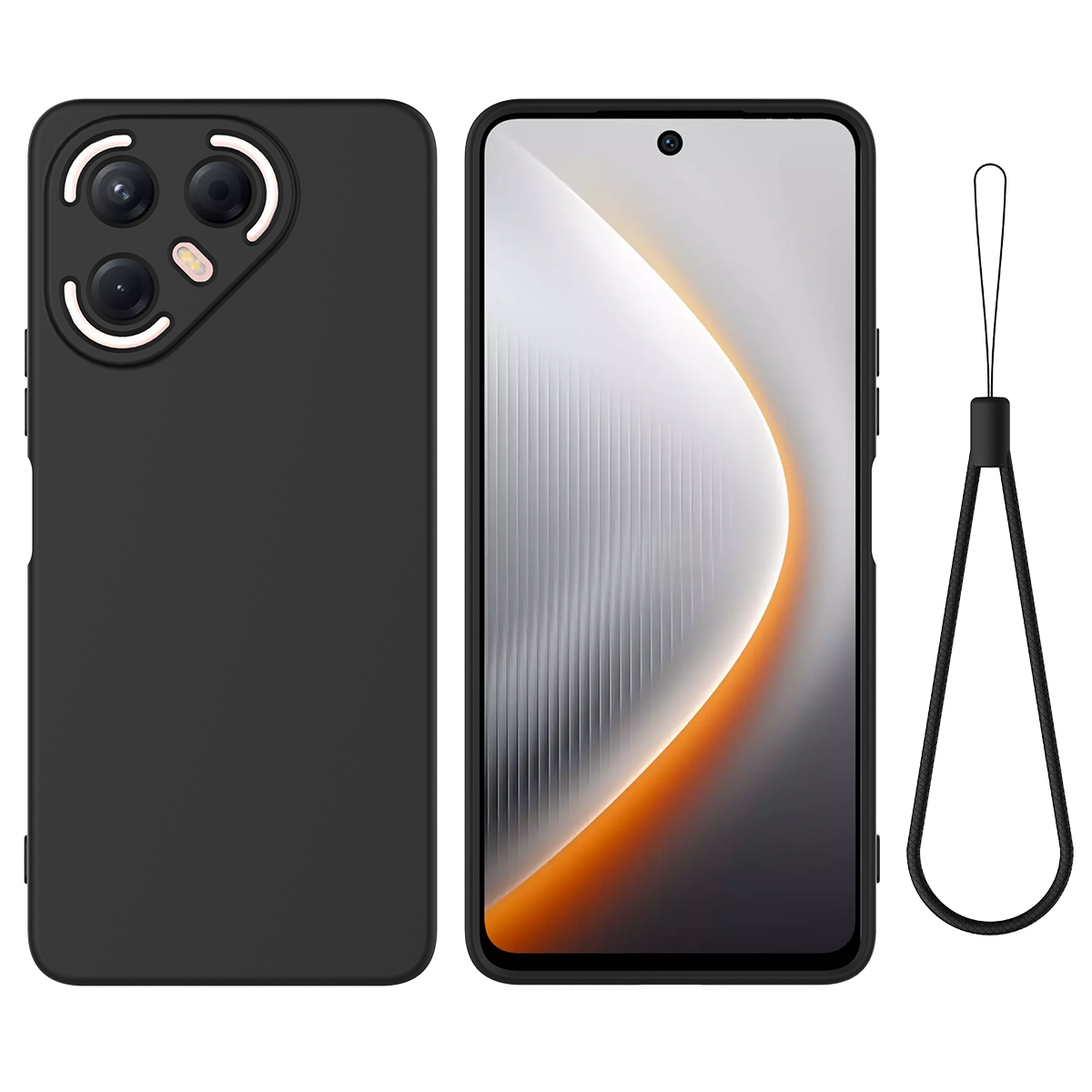 For TECNO Pova 7 Ultra 5G Liquid Silicone Case Phone Back Cover with Hand Strap - Black