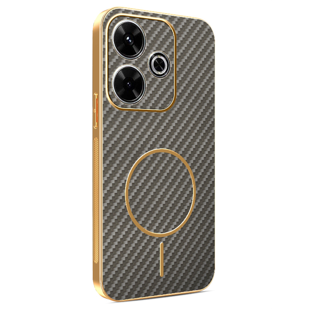 Phone Case For Xiaomi Redmi 13 4G / 5G / Note 13R 5G / Poco M6 4G / M6 Plus 5G Carbon Fiber Textured Electroplated TPU Back Cover - Coffee