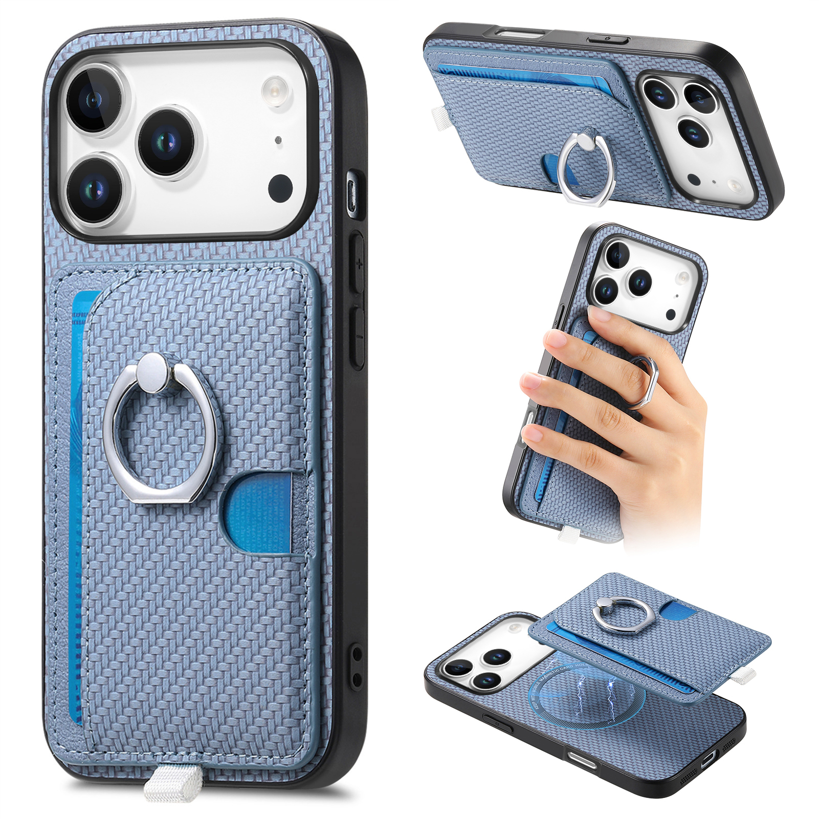 For iPhone 17 Pro Case Ring Kickstand Leather Back Cover with Magnetic Detachable Card Holder - Blue