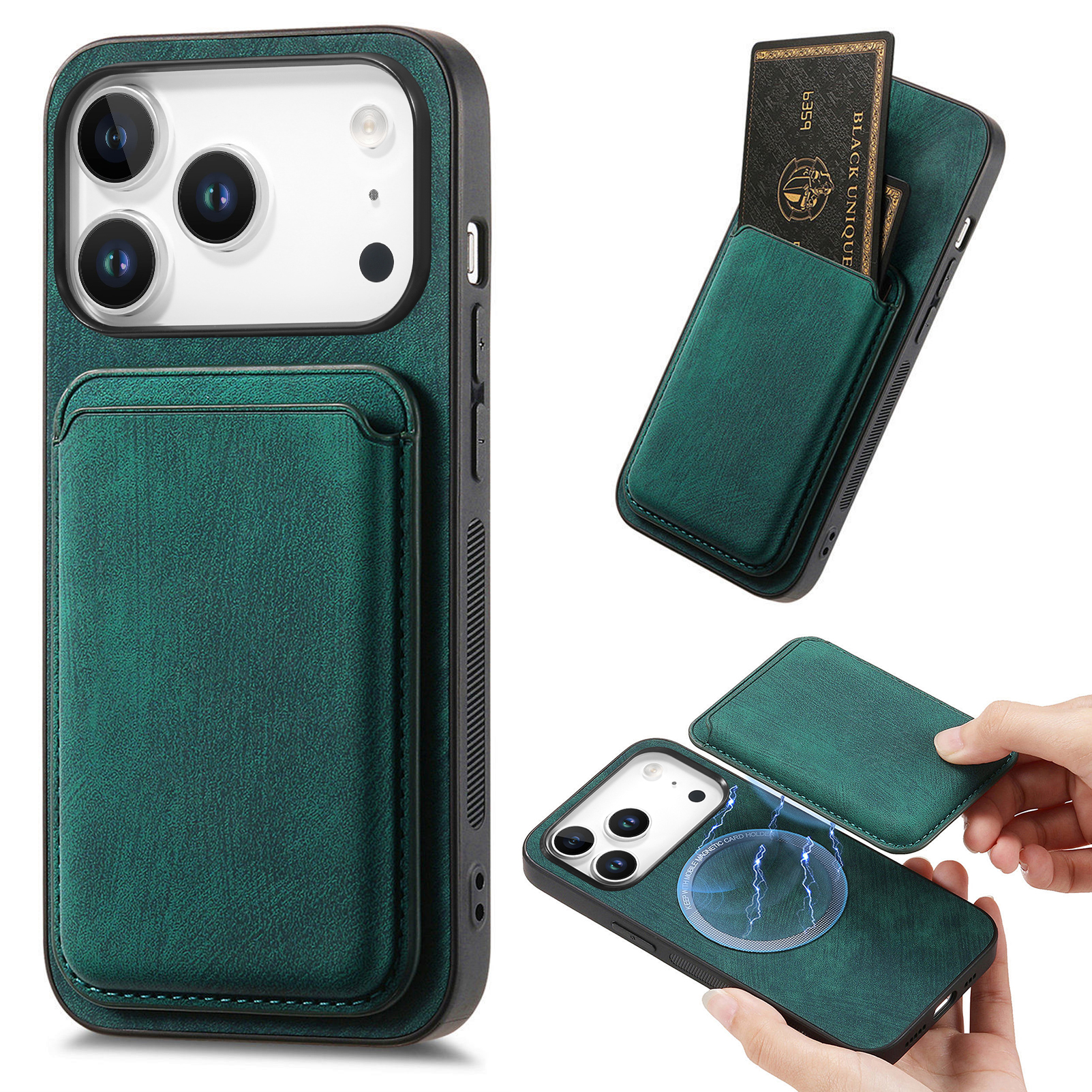 For iPhone 17 Pro Case Compatible with MagSafe Leather Back Cover with Detachable Card Holder - Green