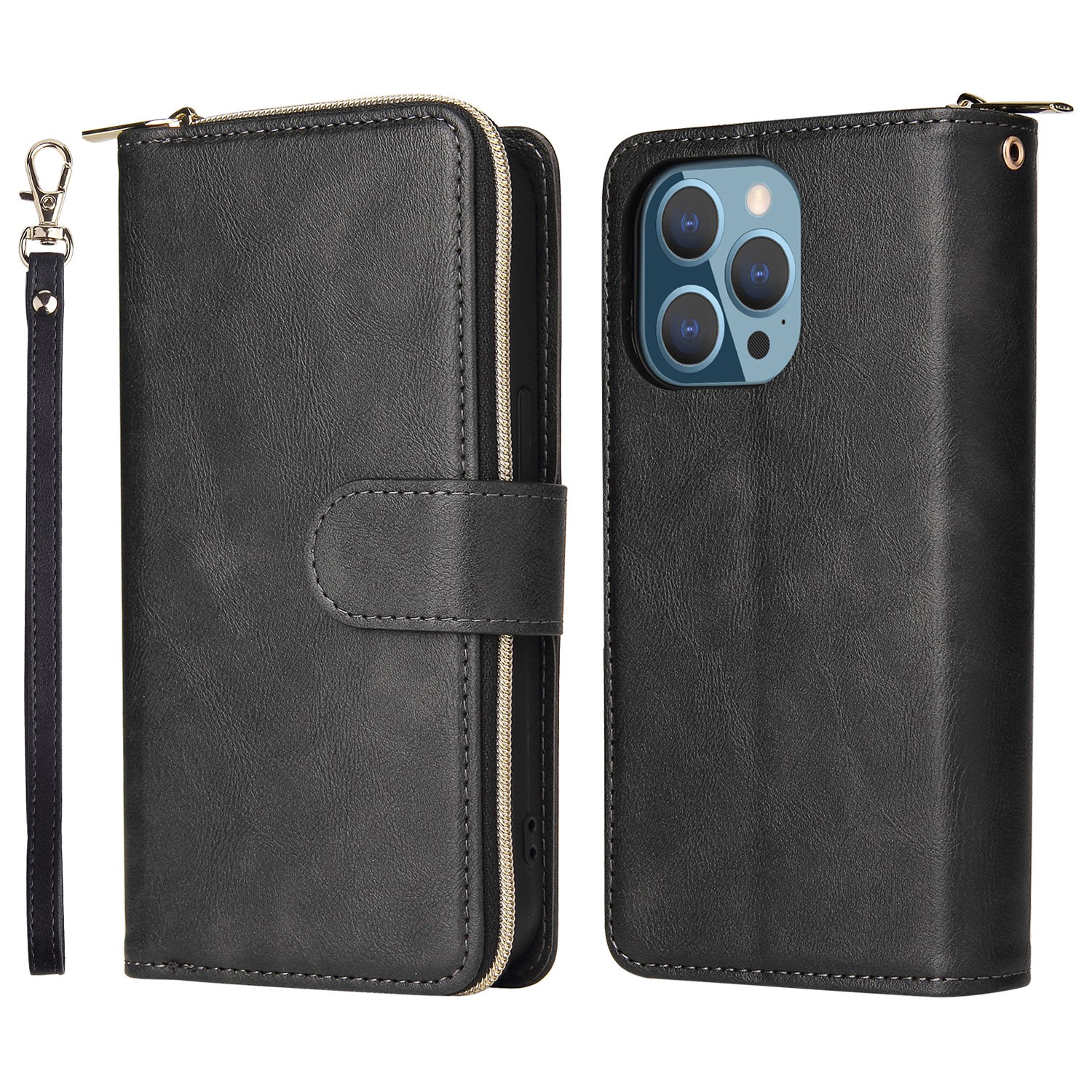 

Drop-proof Phone Case For iPhone 13 Pro 6.1 inch, Flip Stand Wallet PU Leather Magnetic Zipper Pocket Smartphone Cover 9 Card Slots with Strap - Black, iPhone 13 Pro