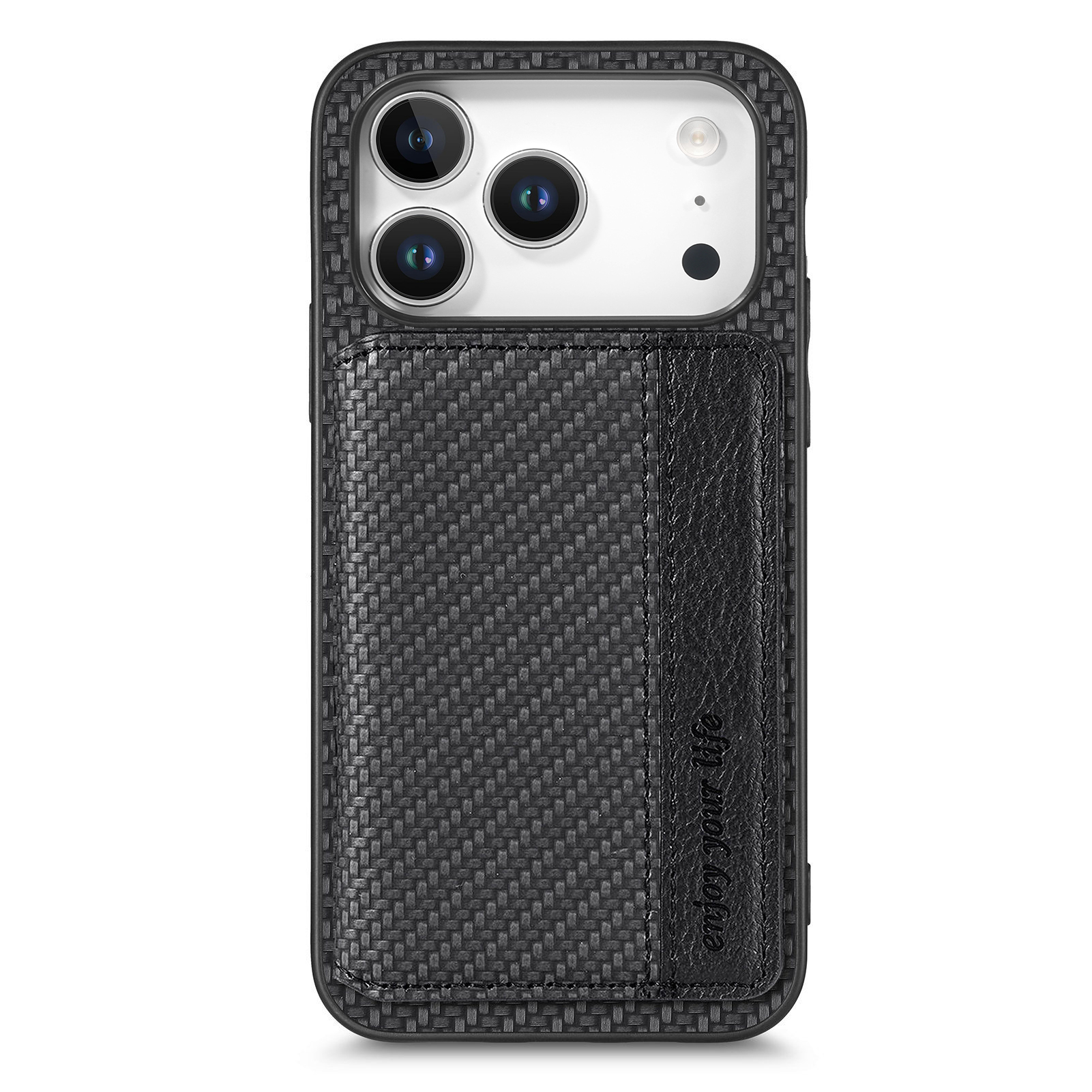 For iPhone 17 Pro Case RFID Blocking Carbon Fiber Leather Phone Back Cover with Card Holder - Black