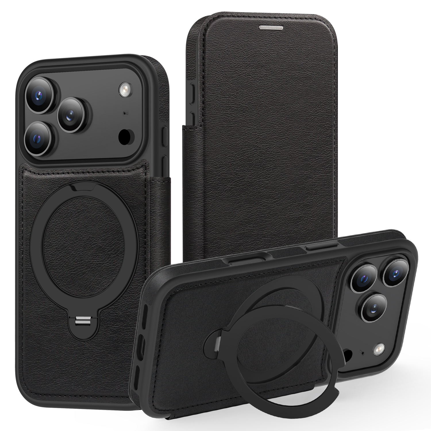 For iPhone 17 Pro Case Compatible with MagSafe RFID Blocking Leather Wallet Cover with Rotating Ring Kickstand - Black
