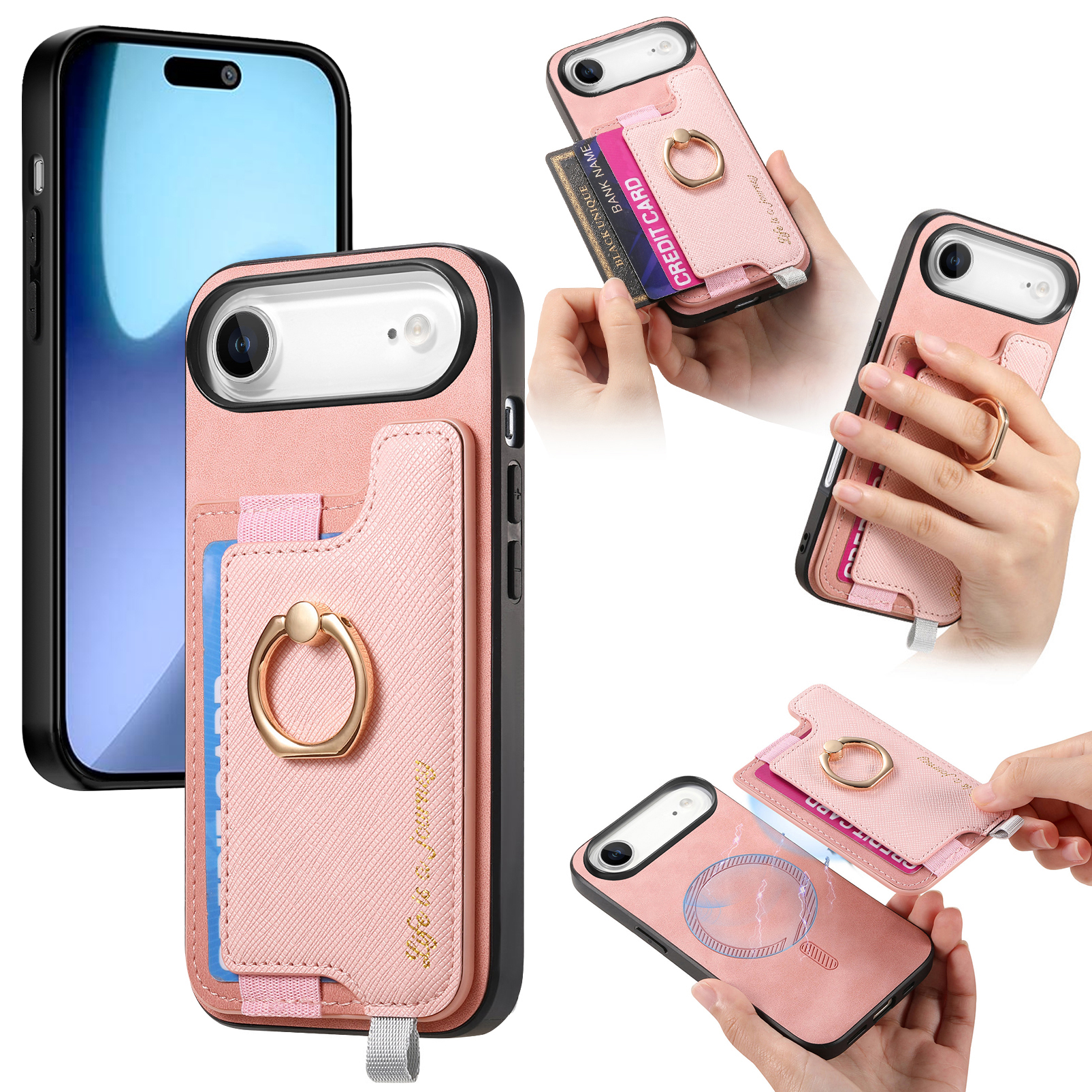 For iPhone Air Case 2 in 1 Magnetic Detachable Card Holder Leather Back Cover - Pink