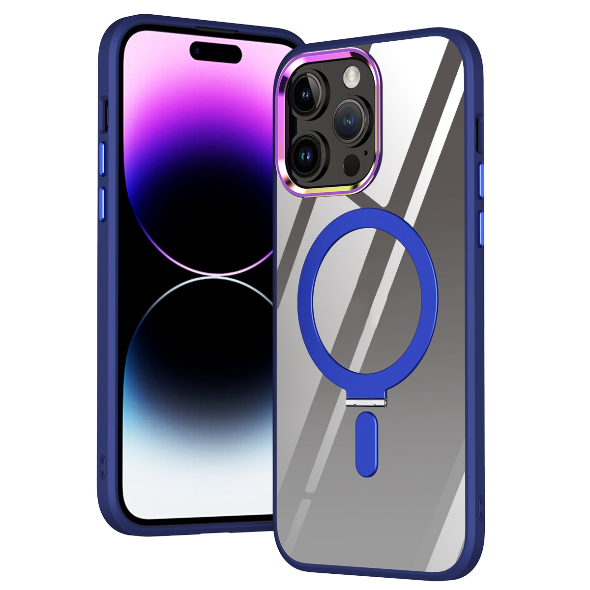 

Electroplating Design Phone Case for iPhone 14 Pro, Clear PC+TPU Kickstand Shockproof Phone Cover Support Magnetic Wireless Charging - Navy Blue, iPhone 14 Pro