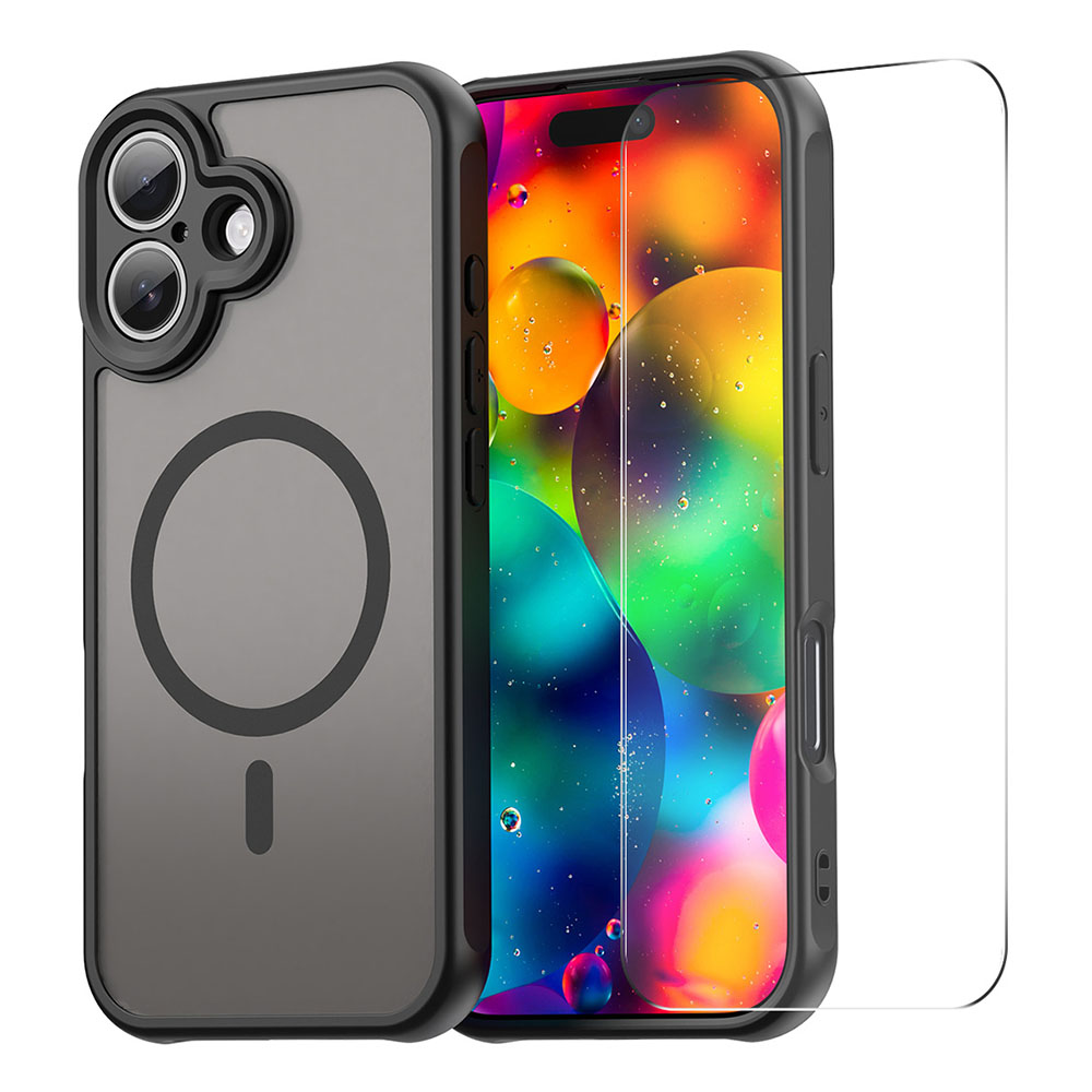 ENKAY HAT PRINCE For iPhone 16 Magnetic Case with 9H Tempered Glass PC TPU Matte Phone Cover - Black