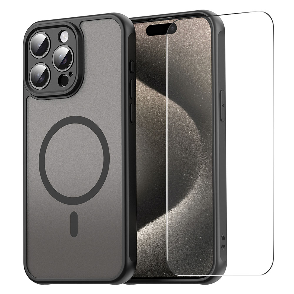 ENKAY HAT PRINCE For iPhone 16 Pro Max Magnetic Case with 9H Tempered Glass PC TPU Matte Phone Cover - Black