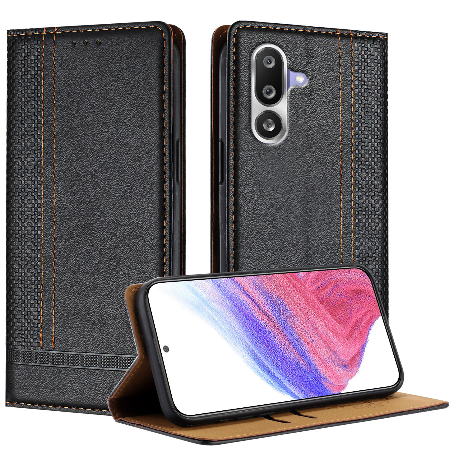 For Samsung Galaxy M36 5G Case L-Shaped Grid Pattern Leather Stand Phone Cover with Card Slots - Black