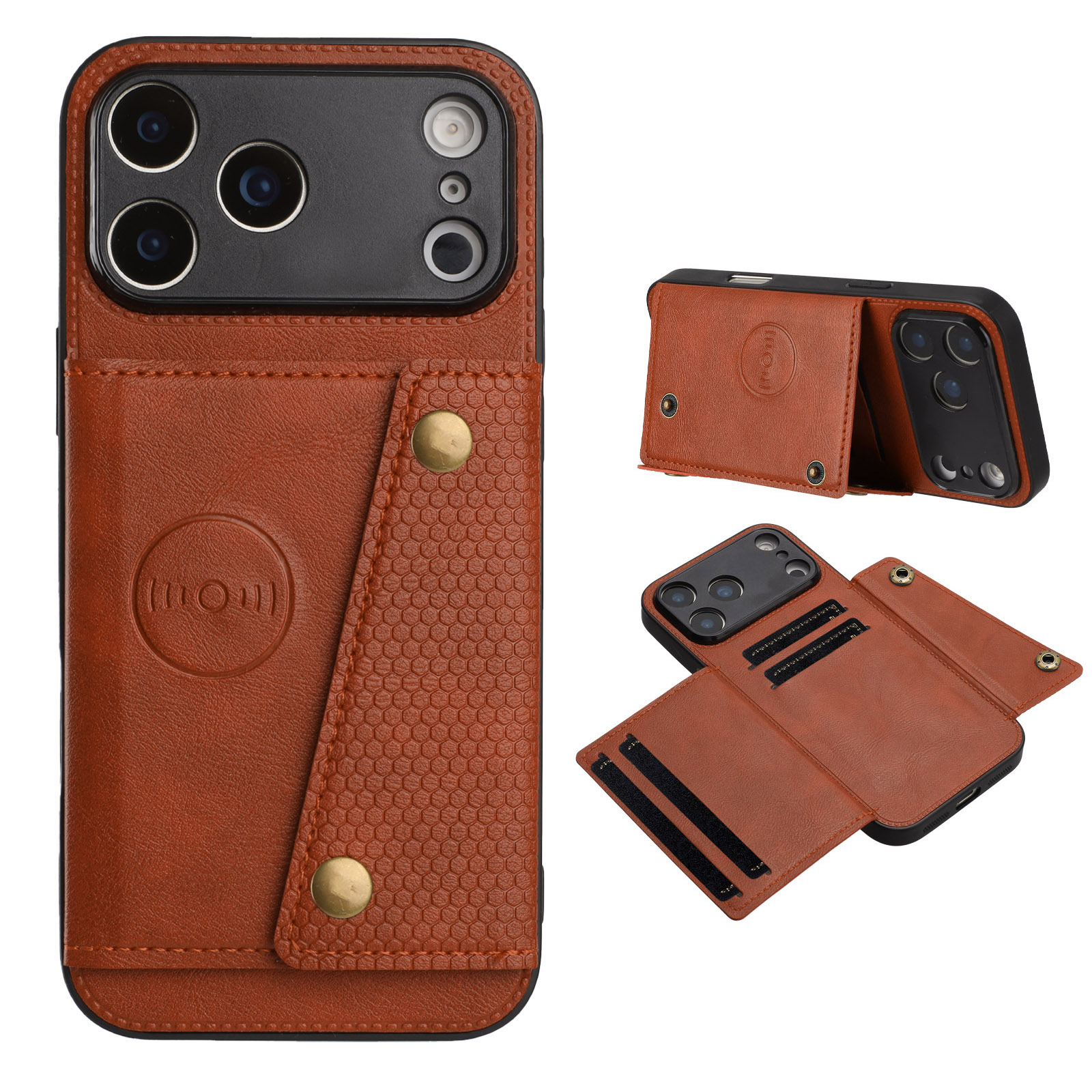 For iPhone 17 Pro Case with Card Slots Kickstand Leather + TPU Phone Cover - Brown