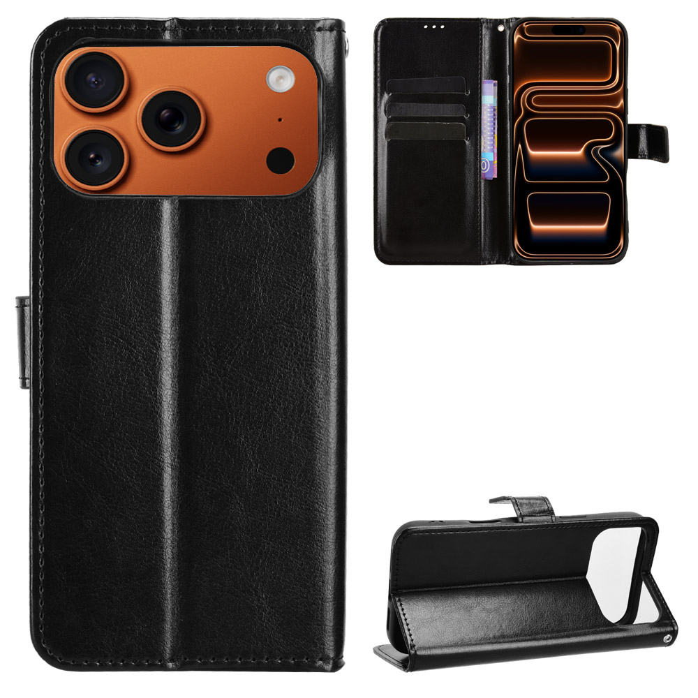 For iPhone 17 Pro Max PU Leather Case with Strap Crazy Horse Texture Phone Wallet Cover - Black