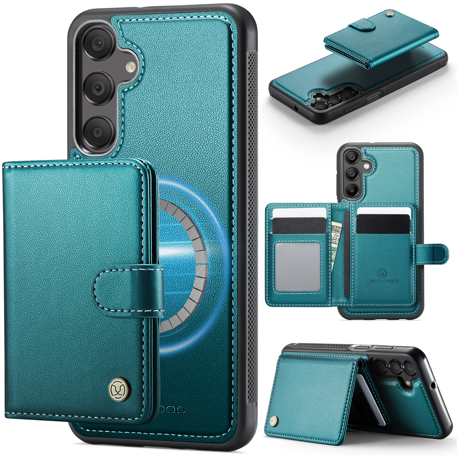 JEEHOOD For Samsung Galaxy A16 4G / Galaxy A16 5G Case  J09 RFID Blocking Card Holder Leather Back Phone Cover Magnetic Case - Green