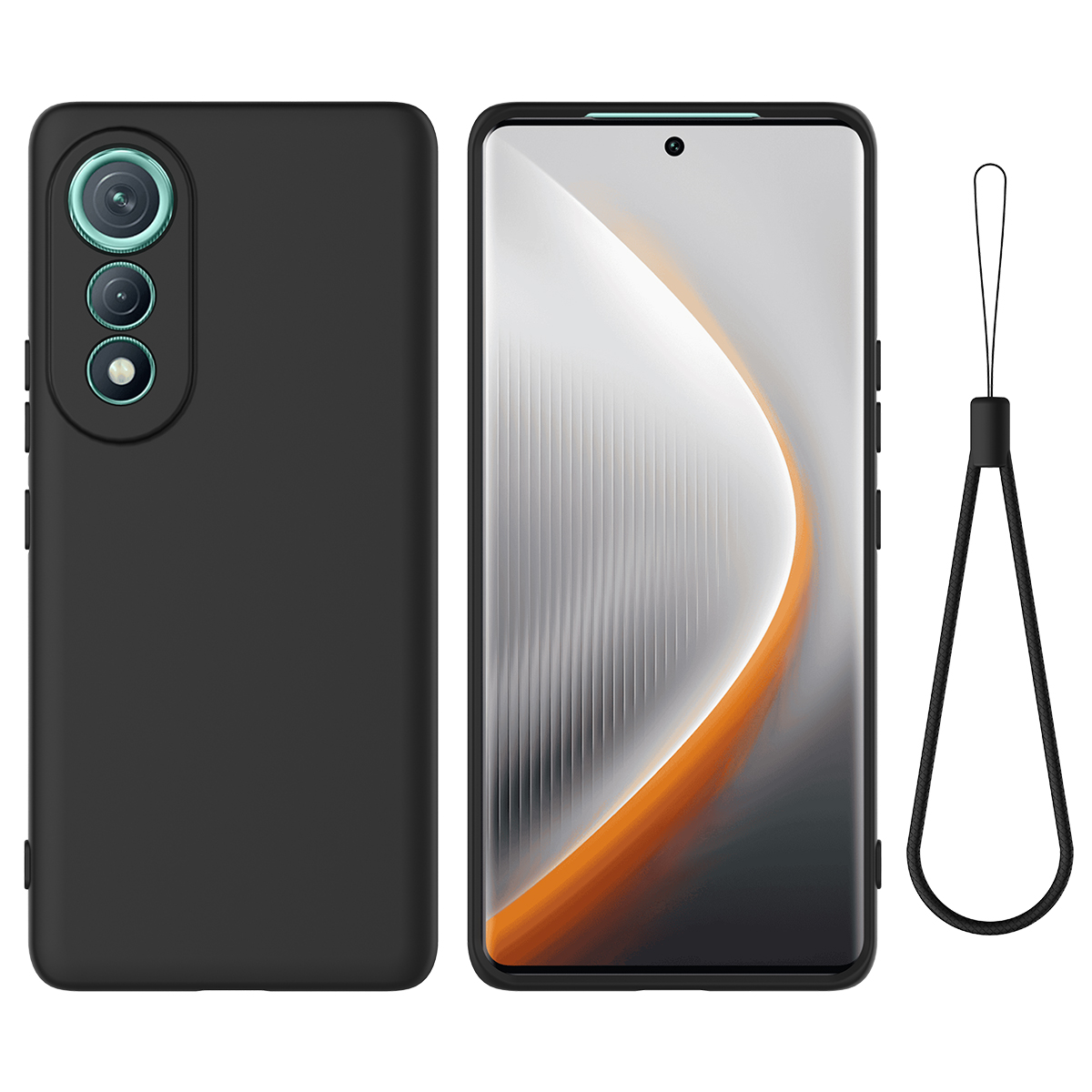 For TECNO Pova Curve 5G Liquid Silicone Case Phone Back Cover with Hand Strap - Black