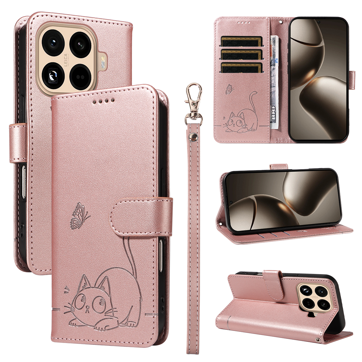 For Xiaomi 15T Pro Case Cat Pattern Imprint Leather Phone Cover with Wrist Strap - Rose Gold