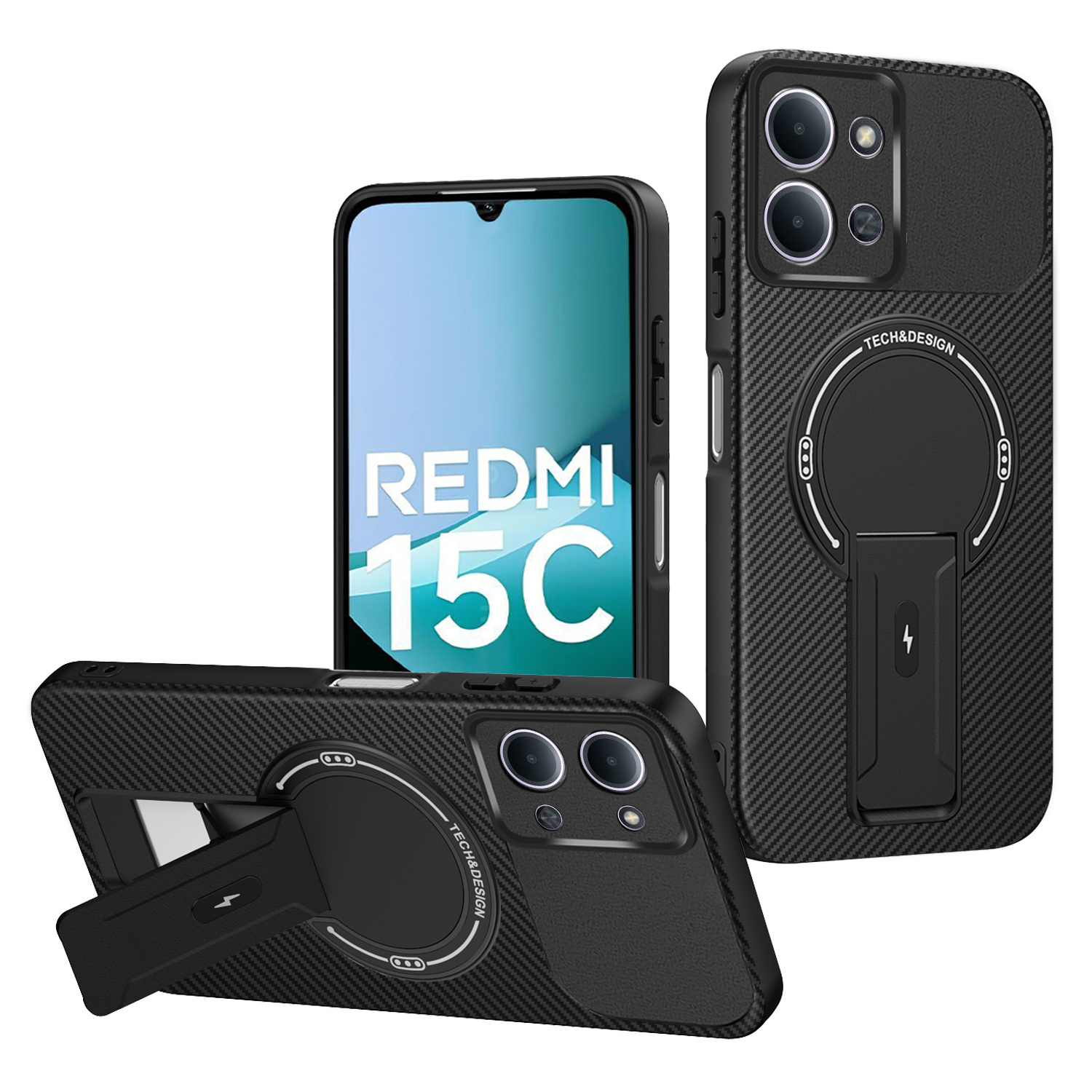 For Xiaomi Redmi 15C 4G (Global) (171mm) / Poco C85 4G (171mm) Case Carbon Fiber Texture PC + TPU Phone Cover with Kickstand - Black
