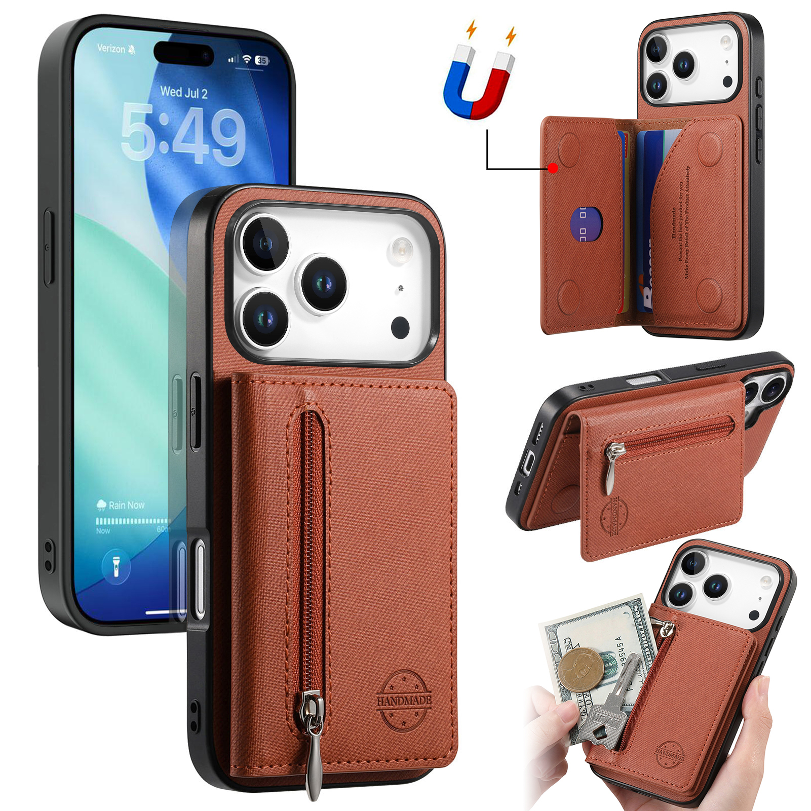 For iPhone 17 Pro Case Zipper Card Holder Kickstand Jeans Cloth Texture Leather Back Cover - Brown
