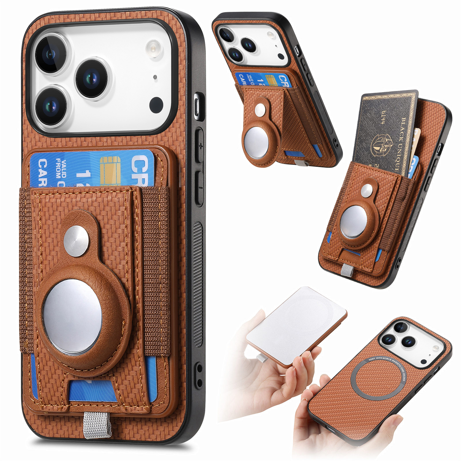 For iPhone 17 Pro Detachable Case Compatible with MagSafe with AirTag Holder Card Holder Kickstand - Brown