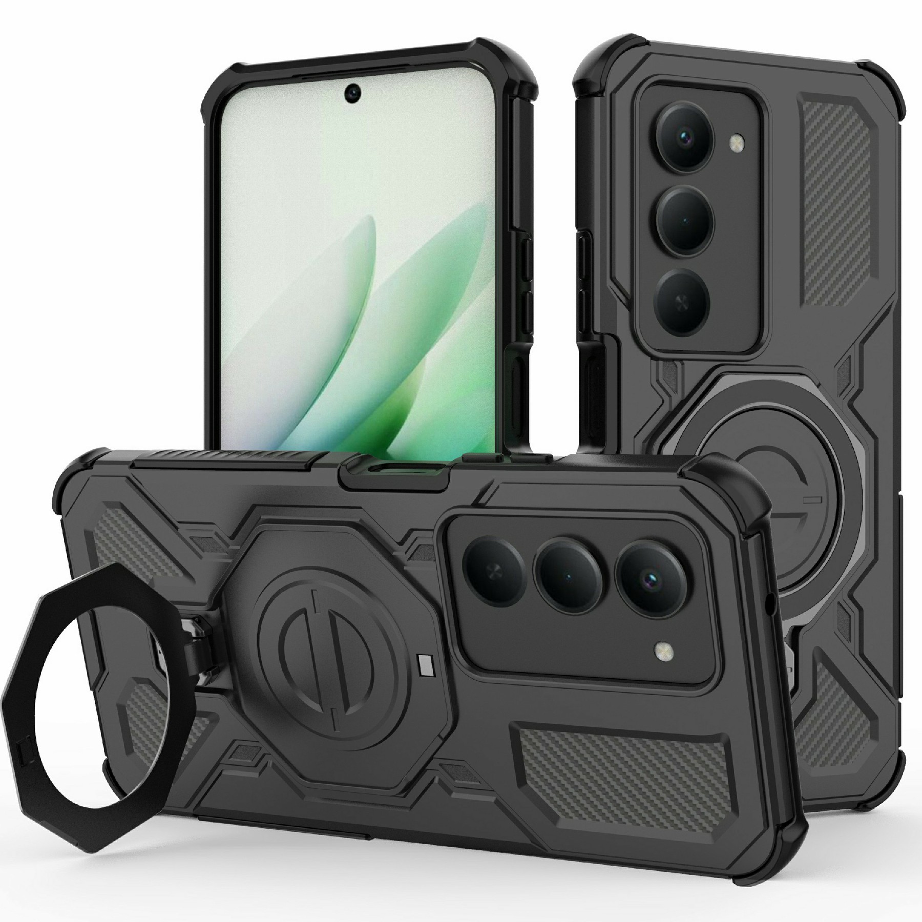 For Xiaomi Redmi 15 5G (Global) (169mm) Magnetic Case Rotating Metal Kickstand Shockproof PC + TPU Phone Back Cover - Black