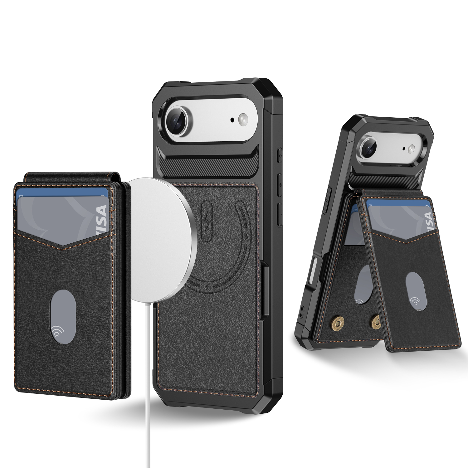 For iPhone Air Magnetic Case Detachable Card Slot Kickstand Leather + TPU Phone Cover - Black