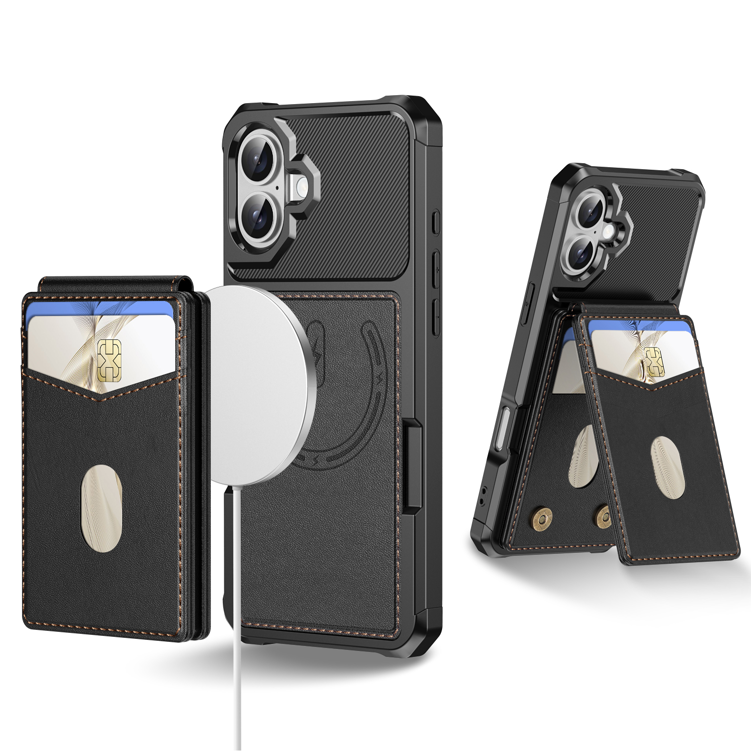 For iPhone 17 Magnetic Case Detachable Card Slot Kickstand Leather + TPU Phone Cover - Black