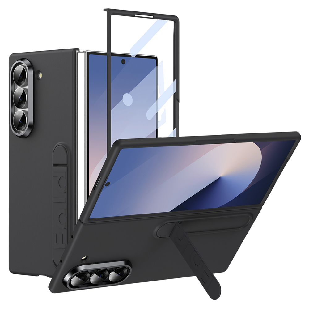 For Samsung Galaxy Z Fold5 5G Phone Case Kickstand PC Cover with Tempered Glass Screen Protector - Black