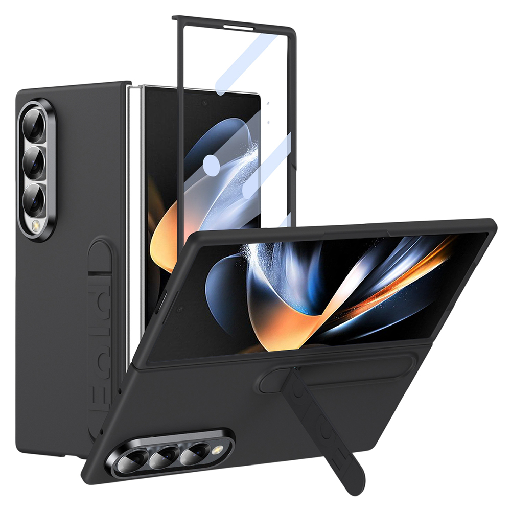 For Samsung Galaxy Z Fold4 5G Phone Case Kickstand PC Cover with Tempered Glass Screen Protector - Black