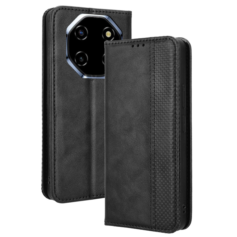 For Blackview Shark 6 / Oscal Tiger 8 Leather Case Wallet Stand Retro Texture Phone Cover - Black