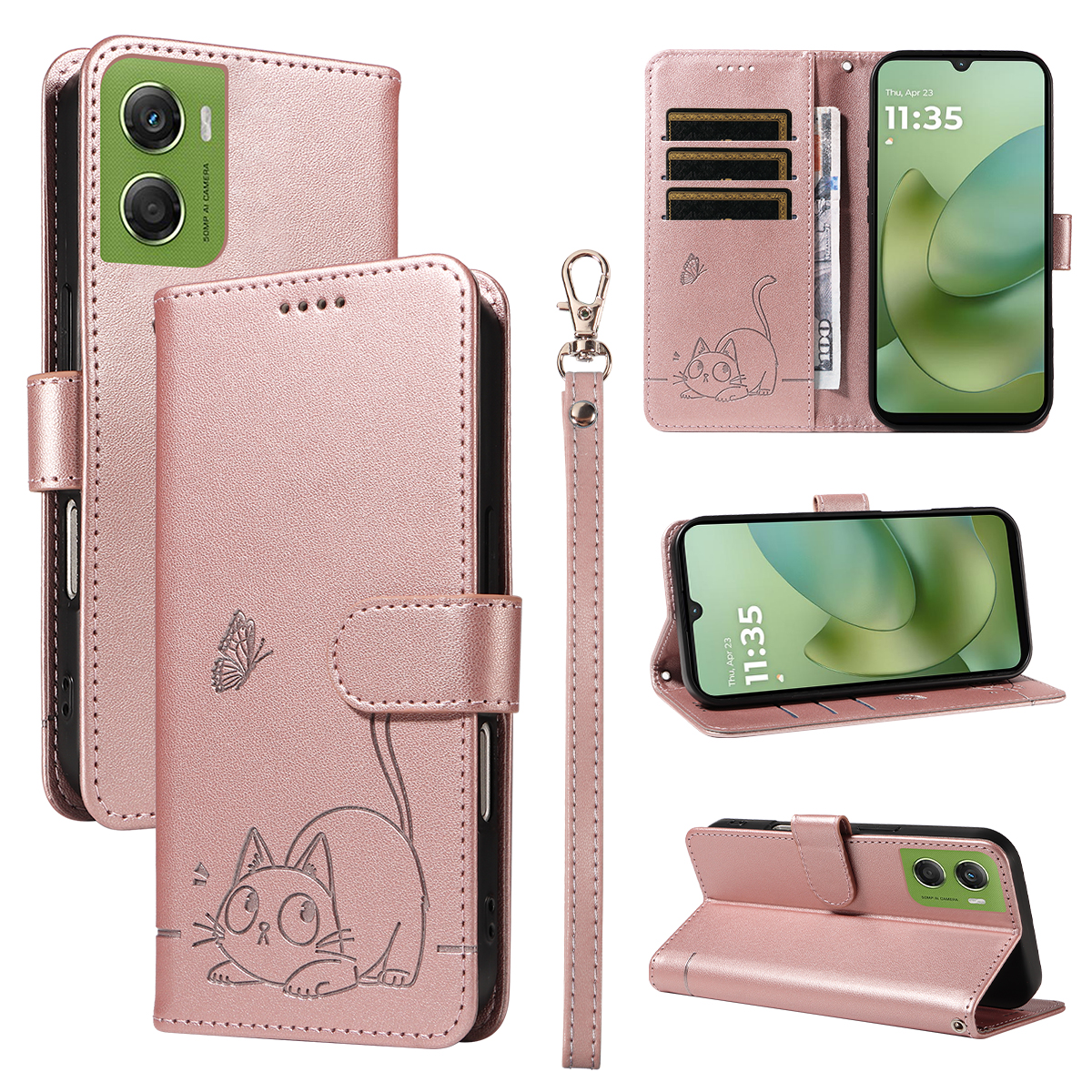 For Motorola Moto G06 Power 4G / G06 4G Case Cat Pattern Imprint Leather Phone Cover with Wrist Strap - Rose Gold