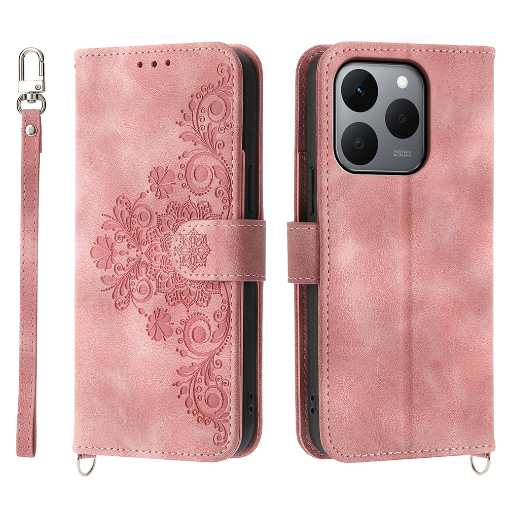 For Realme 15T 5G Case Flower Pattern PU Leather Wallet Phone Cover with Strap - Pink