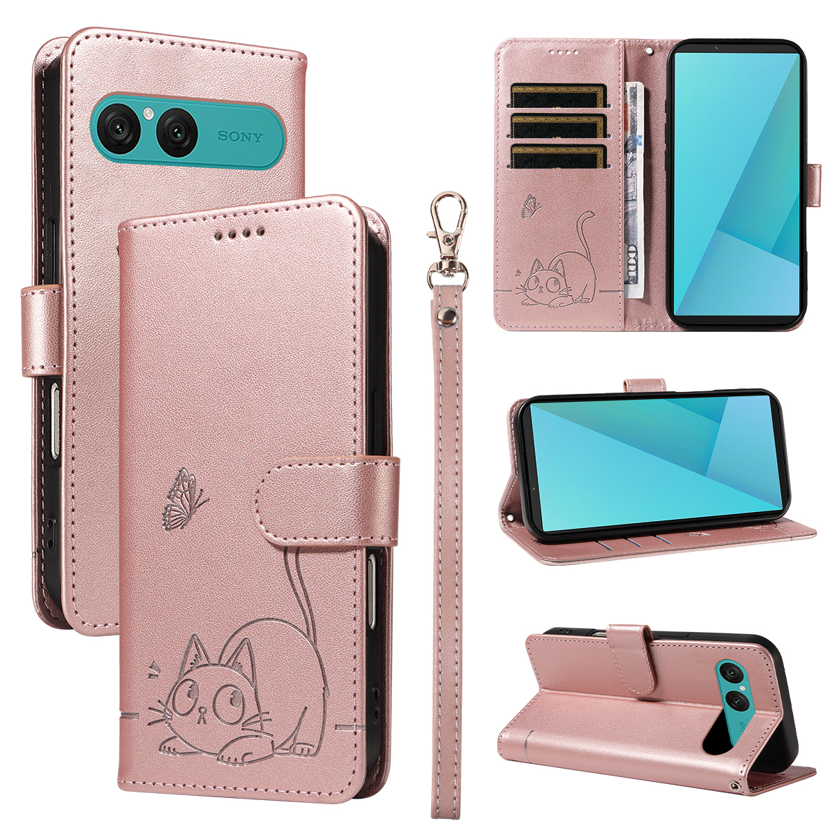 For Sony Xperia 10 VII Case Cat Pattern Imprint Leather Phone Cover with Wrist Strap - Rose Gold