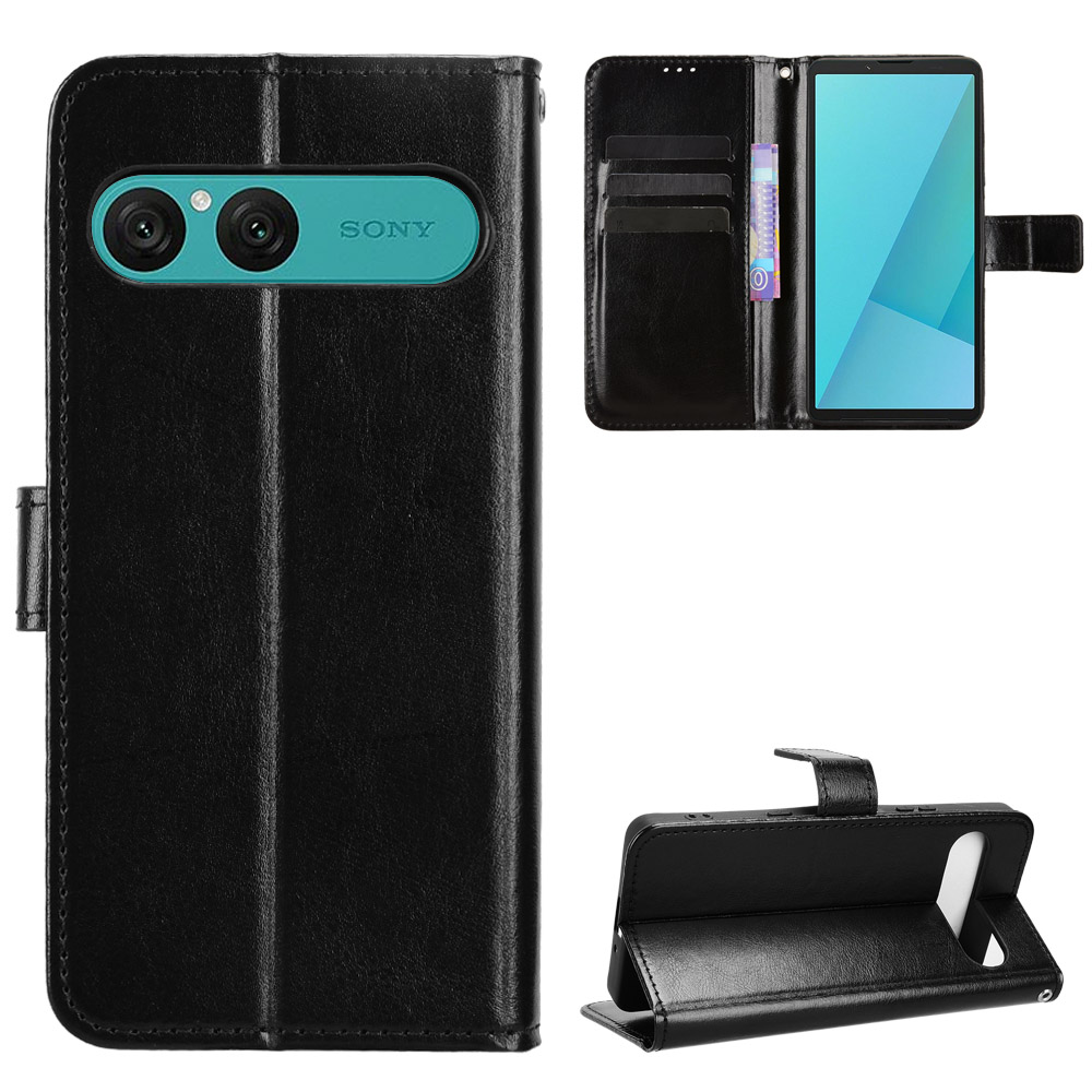 For Sony Xperia 10 VII PU Leather Case with Strap Crazy Horse Texture Phone Wallet Cover - Black