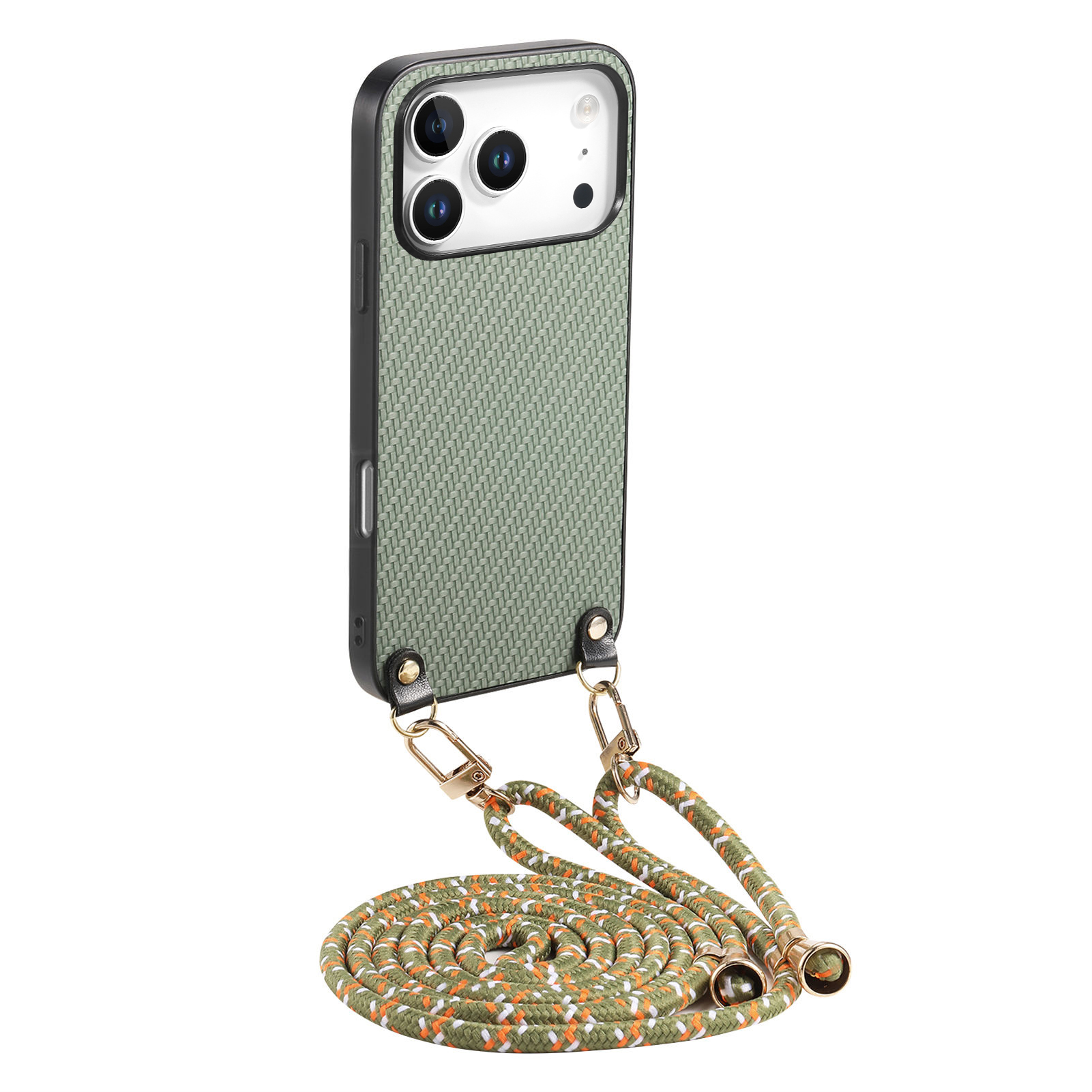 For iPhone 17 Pro Max Case Carbon Fiber Texture Hybrid Phone Back Cover with Adjustable Strap - Green