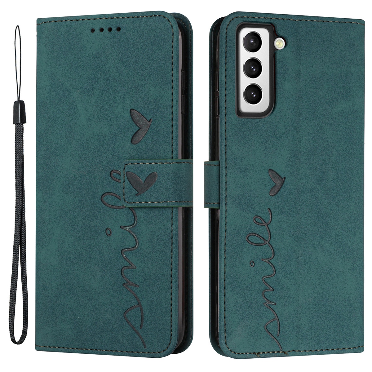 

For Samsung Galaxy S23 Heart Shape Imprinting Phone Case Skin-friendly Smartphone Flip Leather Cover Stand Wallet - Green, Galaxy S23