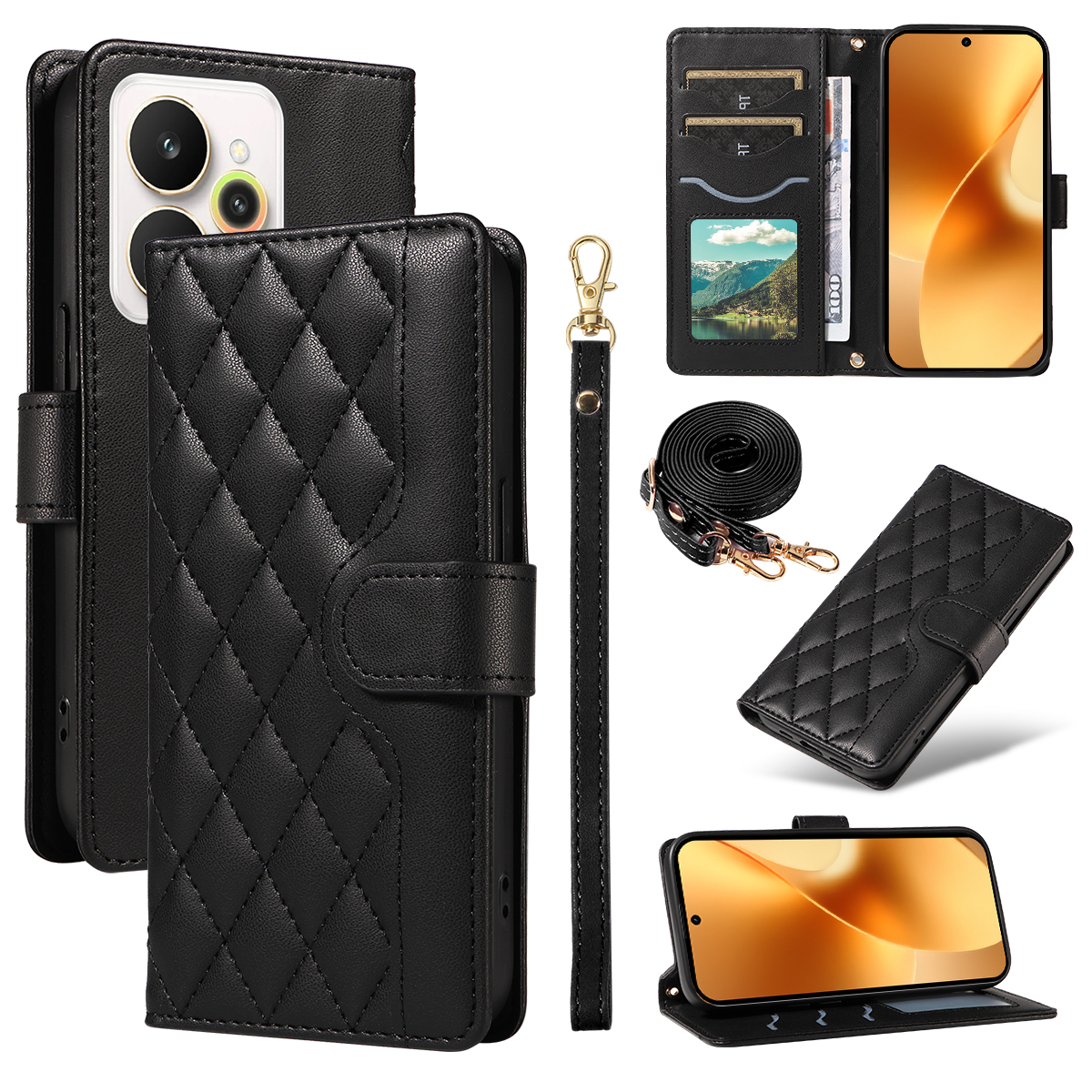For Realme 15 Pro 5G / Realme 15 5G Wallet Case Rhombus Leather Phone Cover with Strap - Black