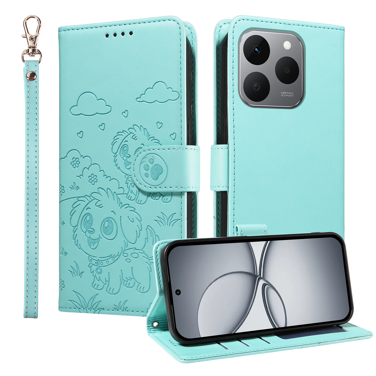 For Realme 15T 5G Case RFID Blocking Imprinted Dog Pattern PU Leather Phone Cover with Wrist Strap - Green