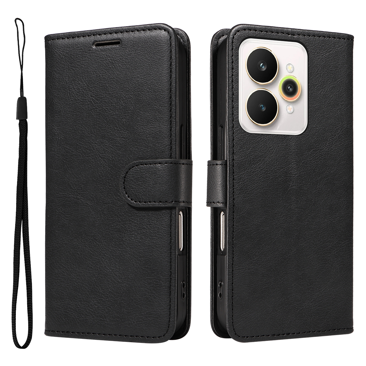For Realme 15 Pro 5G / Realme 15 5G Leather Wallet Case with Strap Solid Color Phone Stand Cover - Black