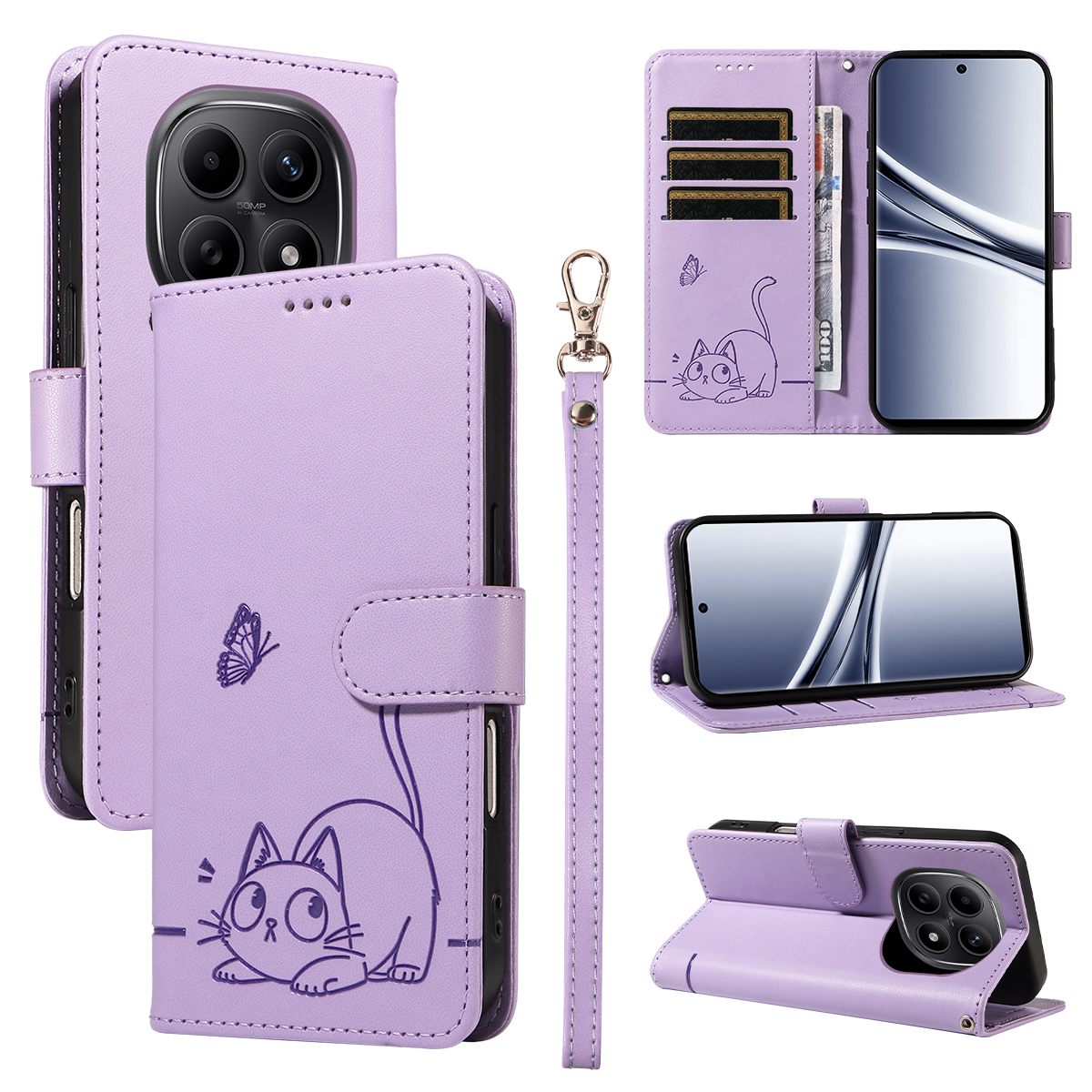 For Xiaomi Poco M8 5G / Redmi Note 15 5G (Global) Case Cat Pattern Imprint Leather Phone Cover with Wrist Strap - Purple
