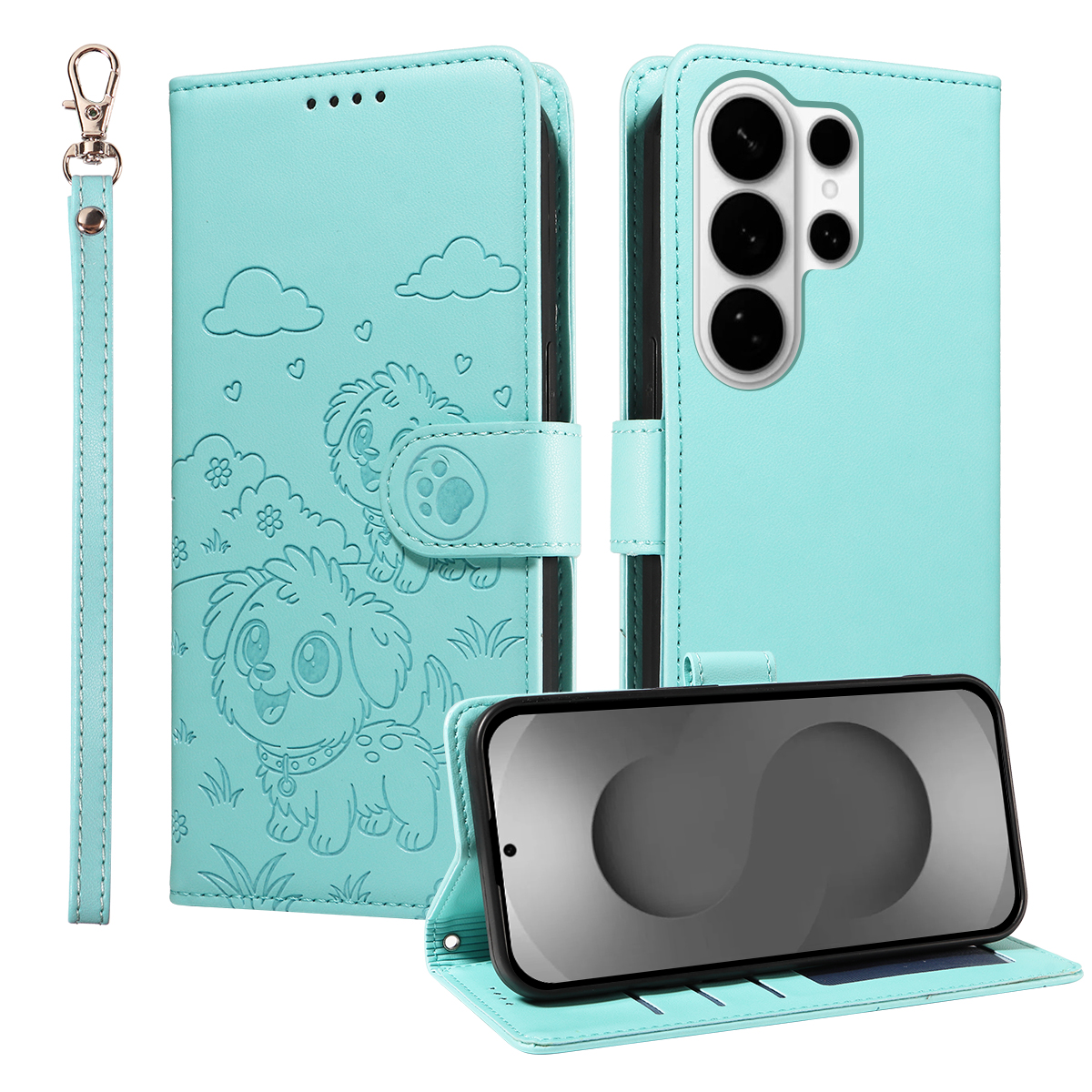 For Samsung Galaxy S26 Ultra Case RFID Blocking Imprinted Dog Pattern PU Leather Phone Cover with Wrist Strap - Green