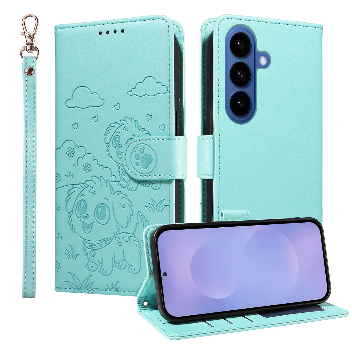 For Samsung Galaxy S26 Case RFID Blocking Imprinted Dog Pattern PU Leather Phone Cover with Wrist Strap - Green
