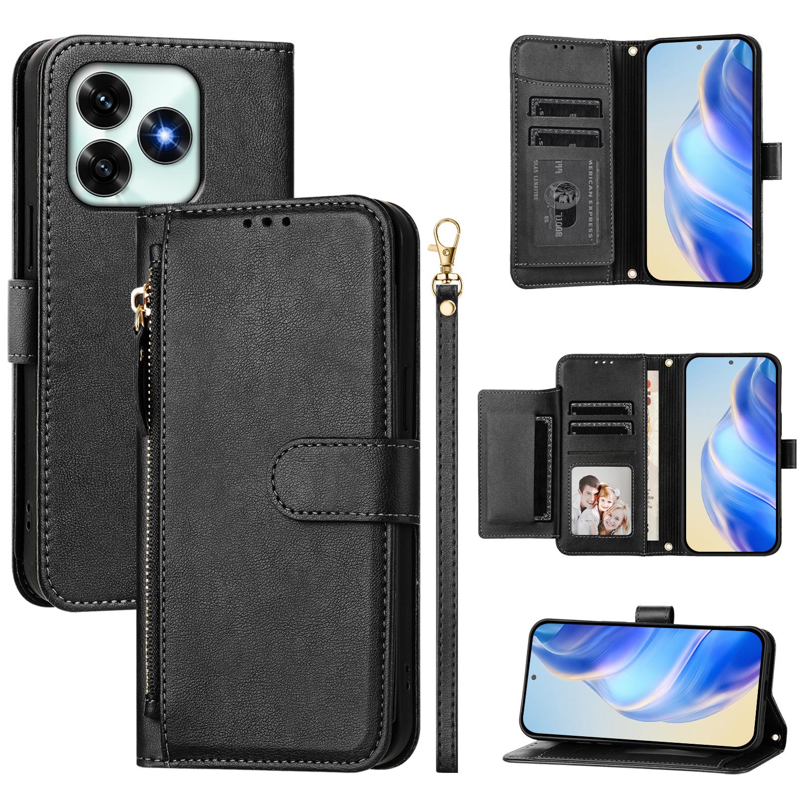 For Honor X5c Plus 4G Case Zipper Pocket Multiple Card Slots Leather Phone Cover - Black