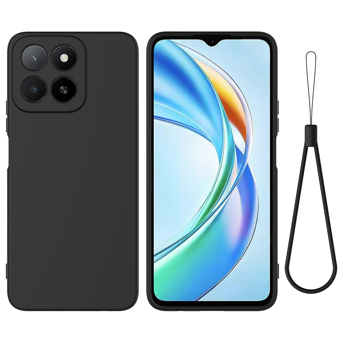 For Honor 400 Smart 5G / Honor X7d 4G / Honor X7d 5G / Honor 400 Smart 4G Liquid Silicone Case Phone Back Cover with Hand Strap - Black