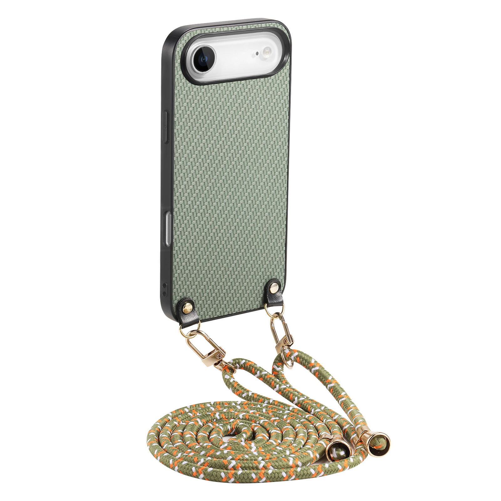 For iPhone Air Case Carbon Fiber Texture Hybrid Phone Back Cover with Adjustable Strap - Green