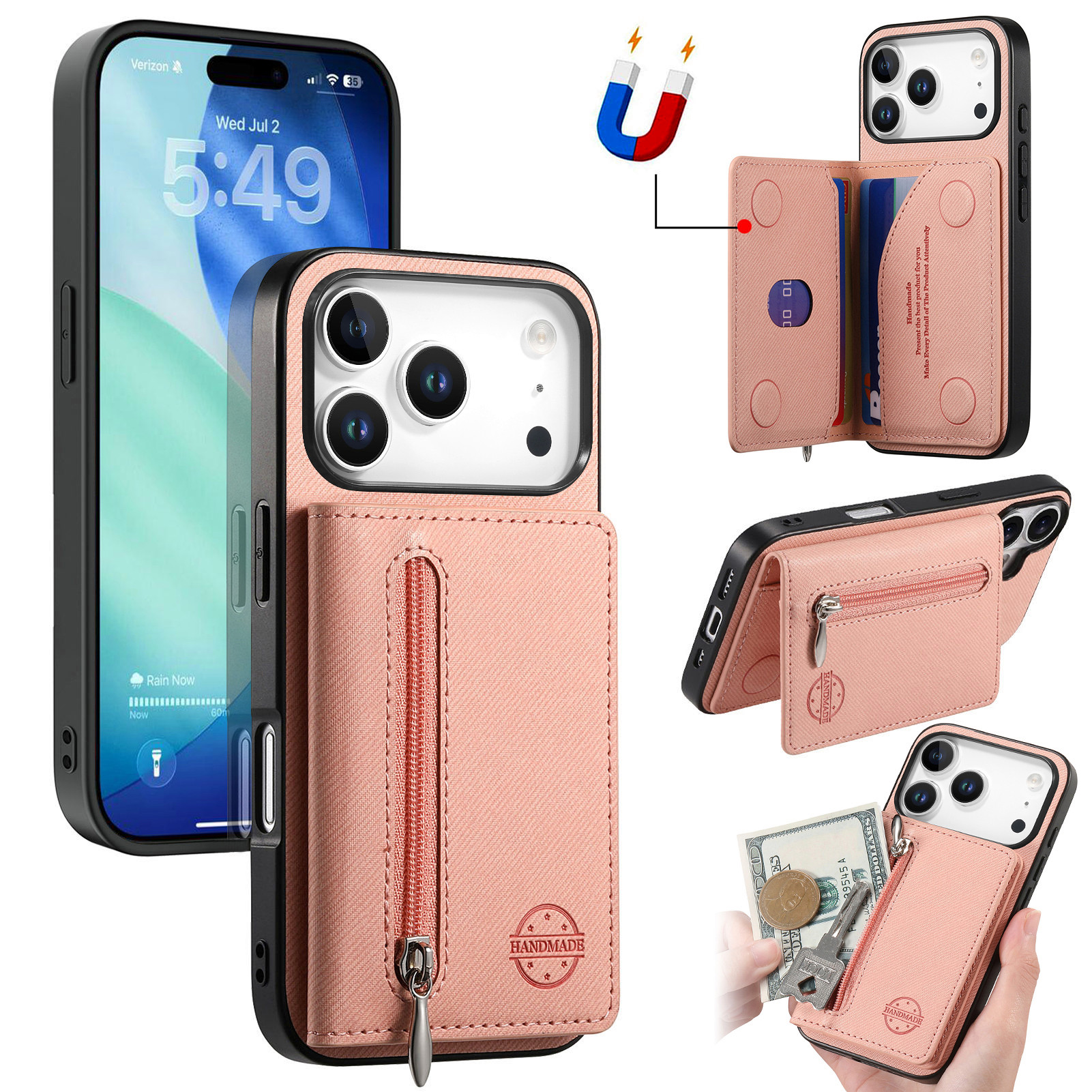 For iPhone 17 Pro Max Case Zipper Card Holder Kickstand Jeans Cloth Texture Leather Back Cover - Pink
