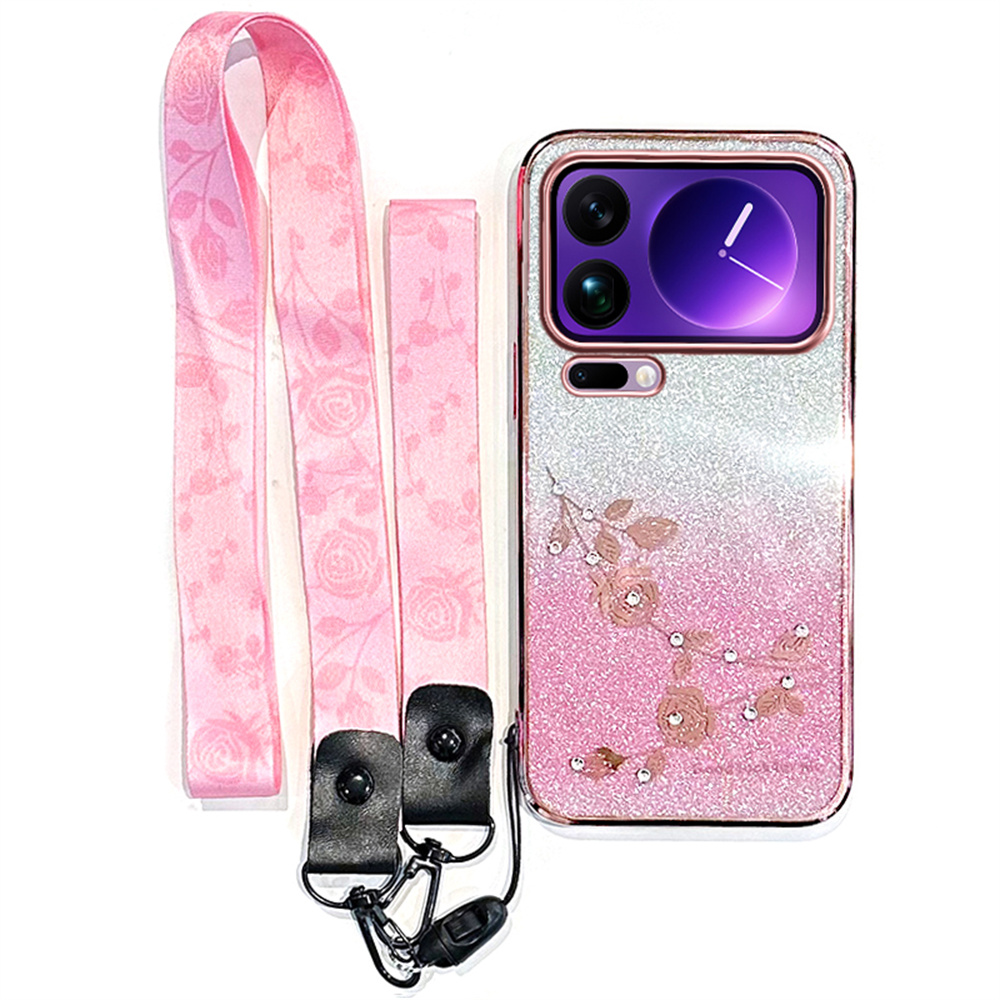 KADEM For Xiaomi 17 Pro Max Case Flower Pattern TPU Gradient Phone Cover with Lanyards - Rose Gold