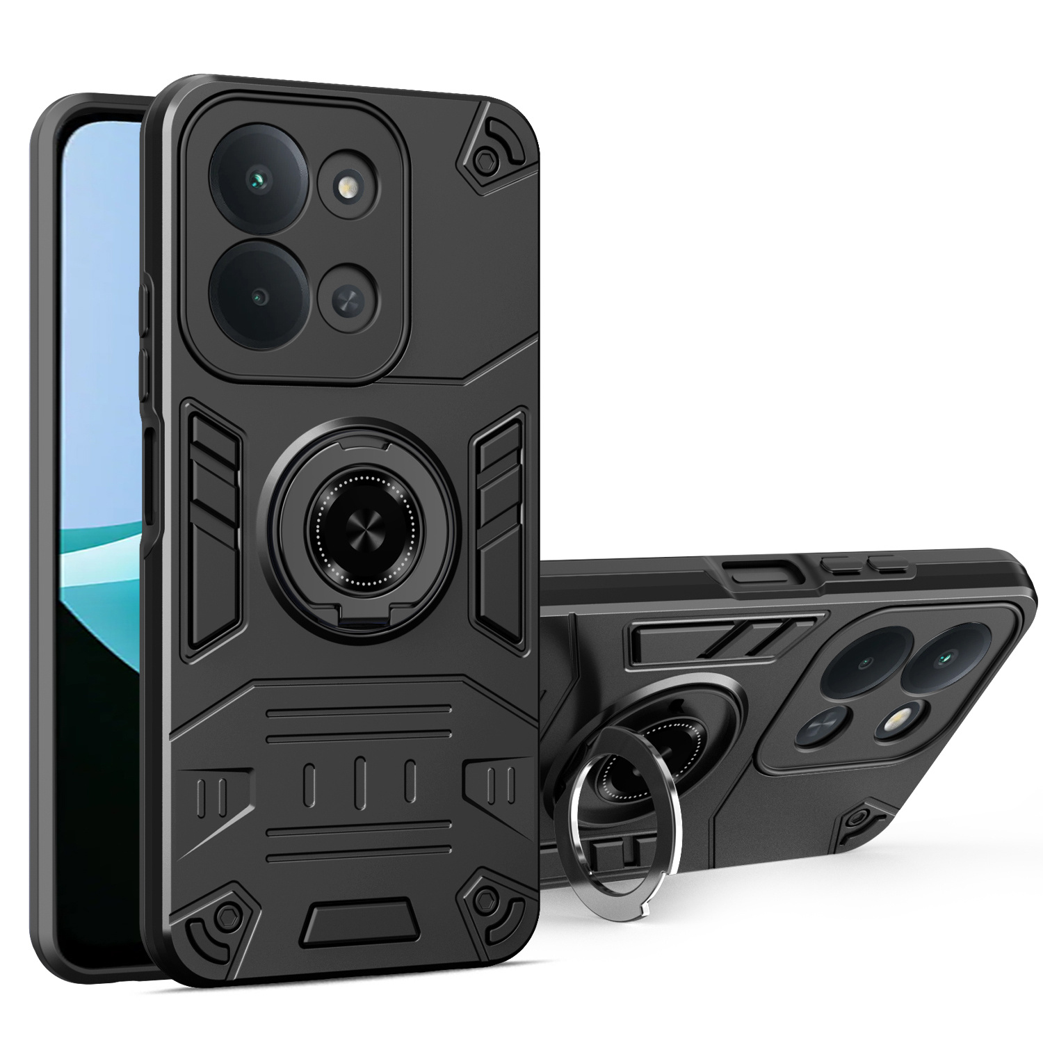 For Xiaomi Redmi 15C 4G (Global) (171mm) / Poco C85 4G (171mm) Case with Ring Holder Kickstand PC + TPU Anti-Fall Phone Cover - Black
