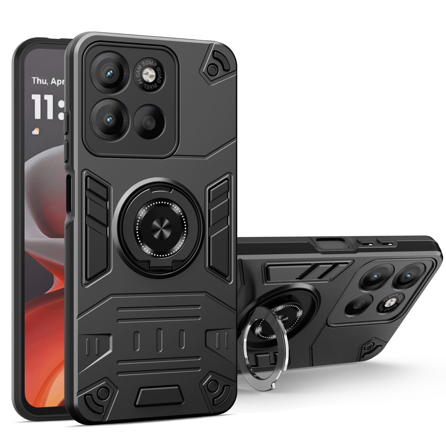 For Motorola Moto G17 Power 4G / G17 4G / G15 4G / G15 Power 4G Case with Ring Holder Kickstand PC + TPU Anti-Fall Phone Cover - Black