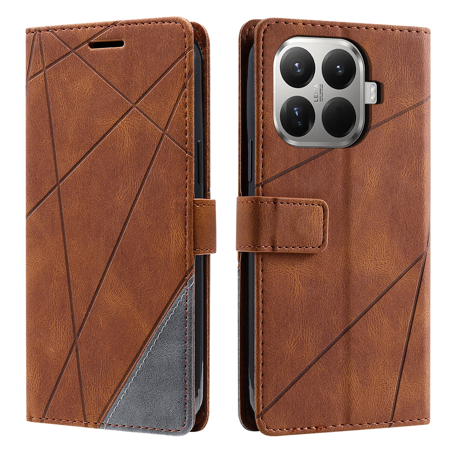 For Xiaomi 15T Pro Case Imprinted Lines PU Leather Splicing Wallet Phone Cover - Brown